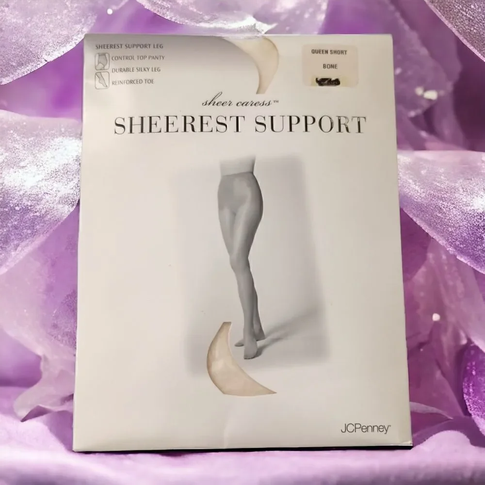 JCPenney Sheer Caress Pantyhose Stockings Sheerest Support Queen Short Bone NEW.